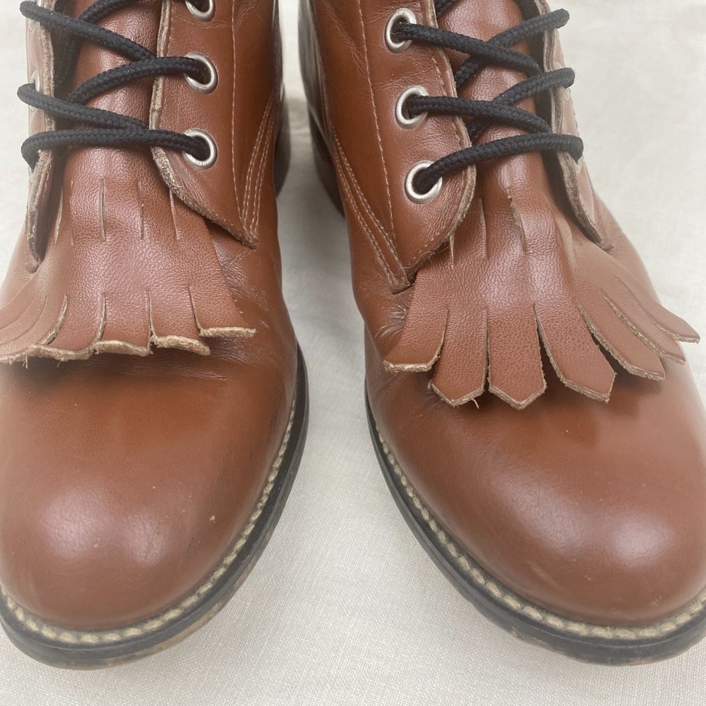 Vintage 1980s Justin Leather Brown Lace Up Roper Western Cowboy Kiltie Boots - Picture 2 of 16